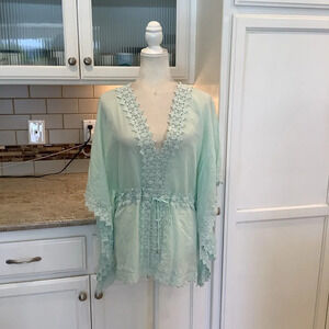 Forever New Kaftan Top Coverup With Crochet Lace Mint Green Size Medium